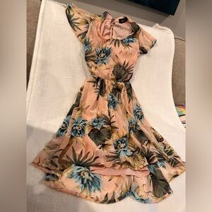 fab'rik Peach Floral Dress with Blue and Brown Details
